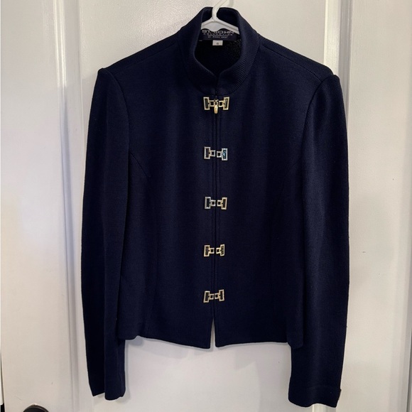 St. John Collection by Marie Grey Santana Knit Navy Zip Military Style Jacket - Picture 1 of 8